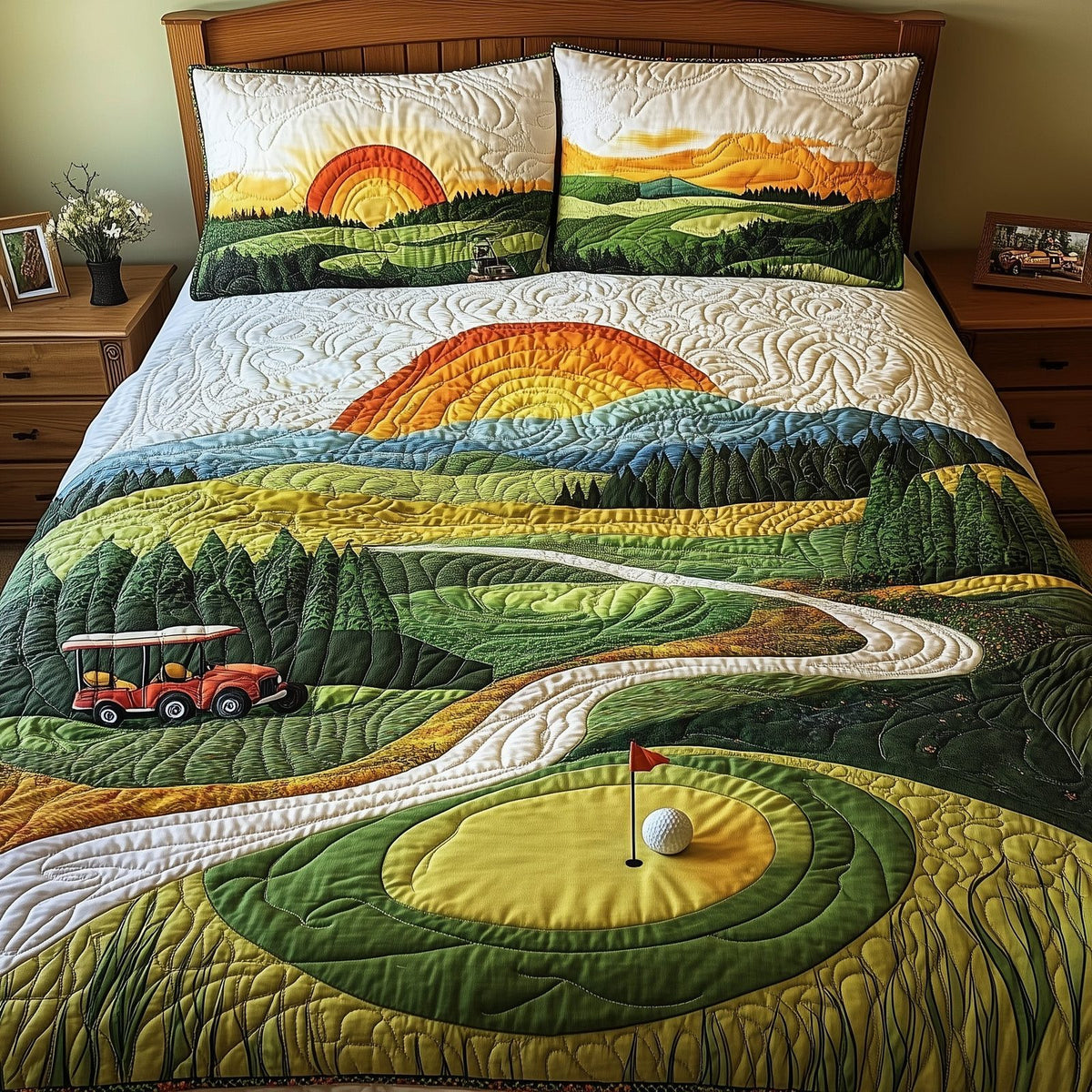 18th Hole Sunset quilted 3-piece bedding set on a made bed with two matching pillow shams