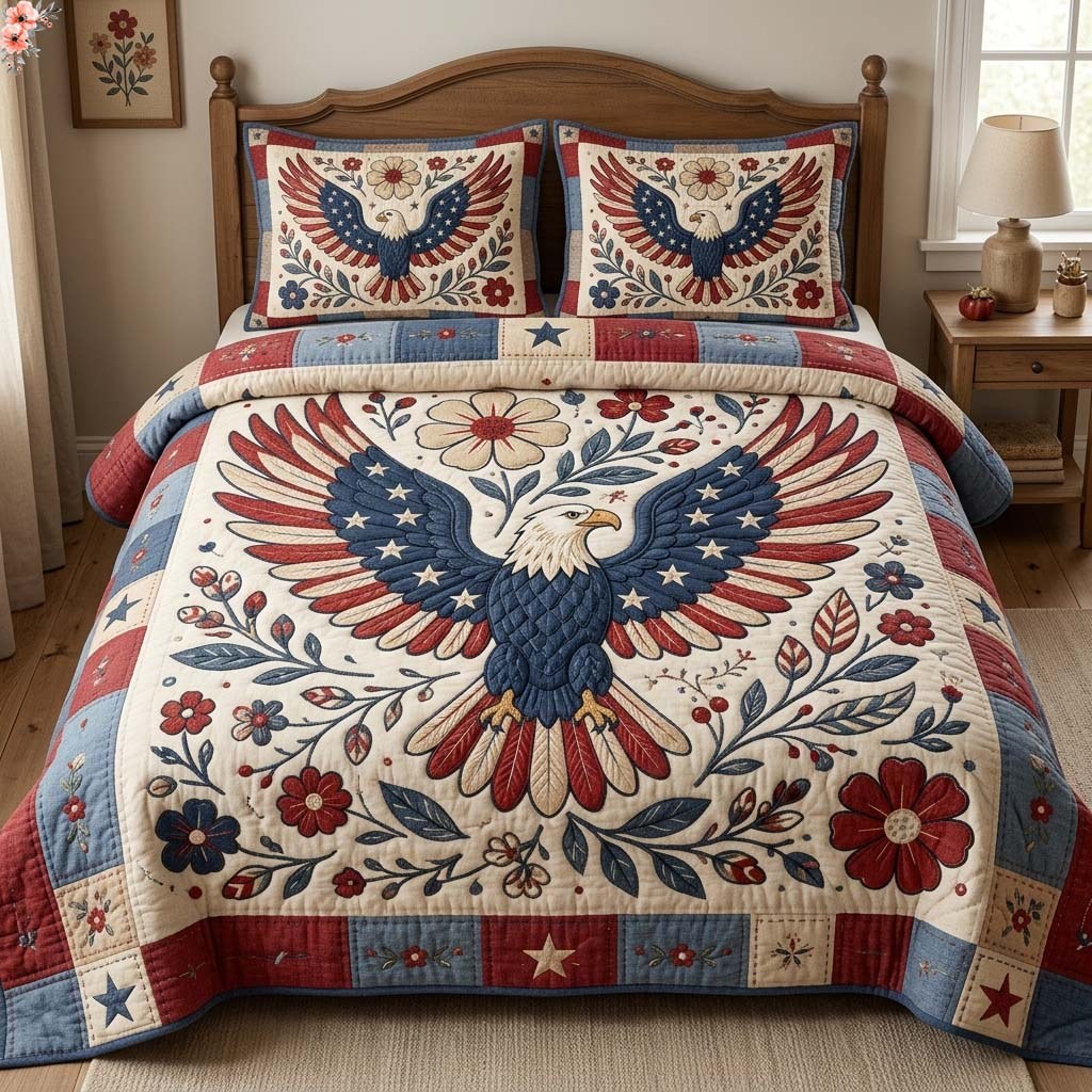 Eagle Floral 3-Piece Quilted Bedding Set — quilt and two matching pillow shams