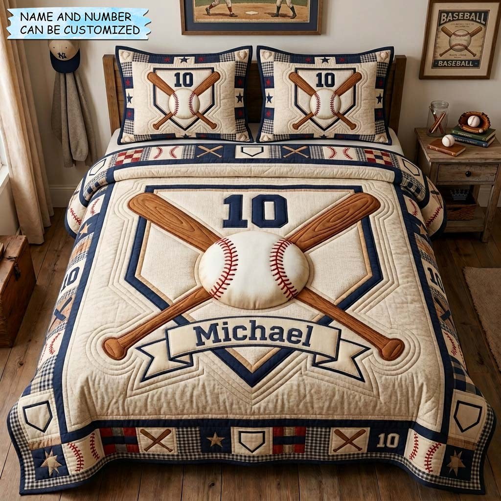 Crossed Bats Crest 3-Piece Quilted Bedding Set QTCUZ — quilt and two matching pillow shams