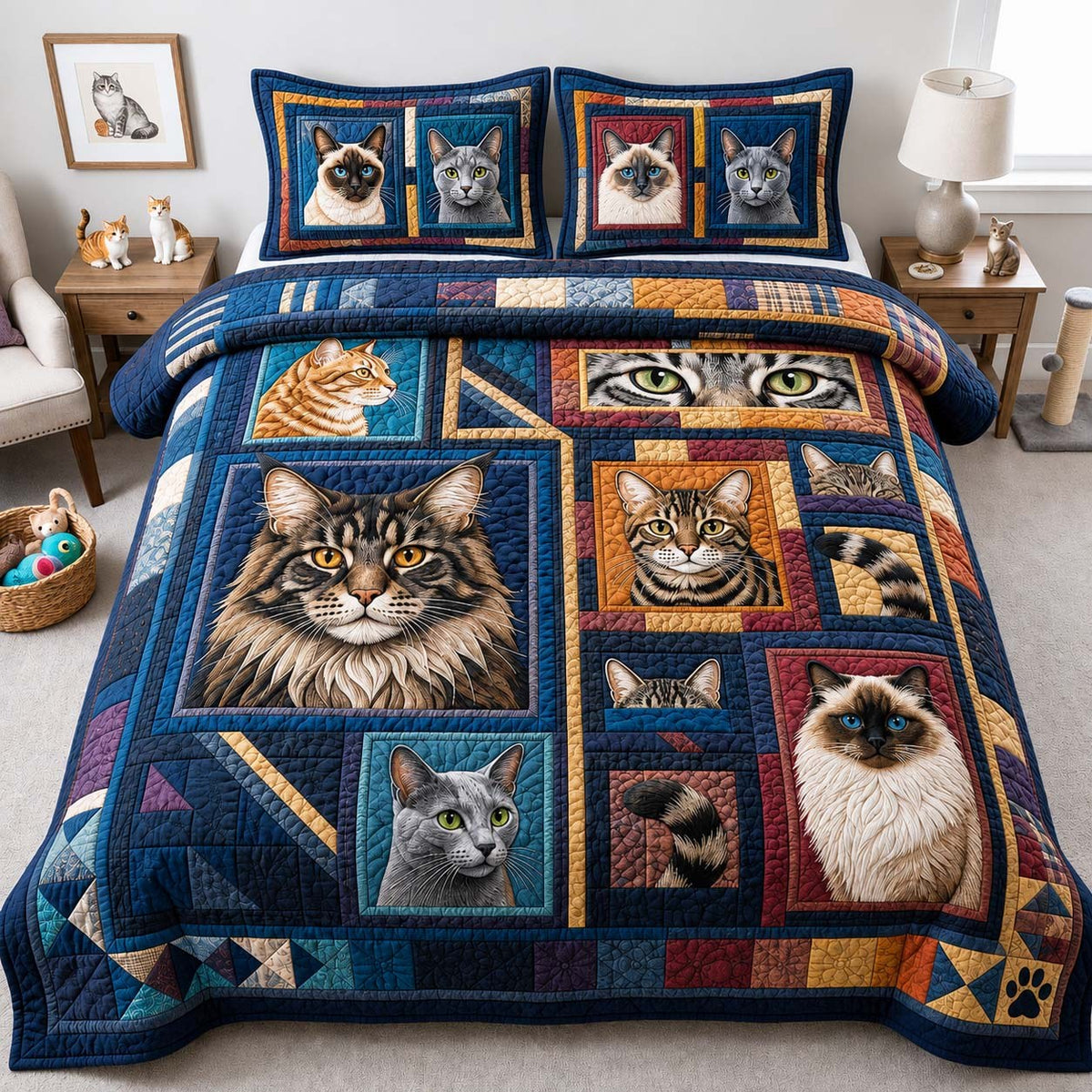 Cozy Cat 3-Piece Quilted Bedding Set - Design 1 — quilt and two matching pillow shams