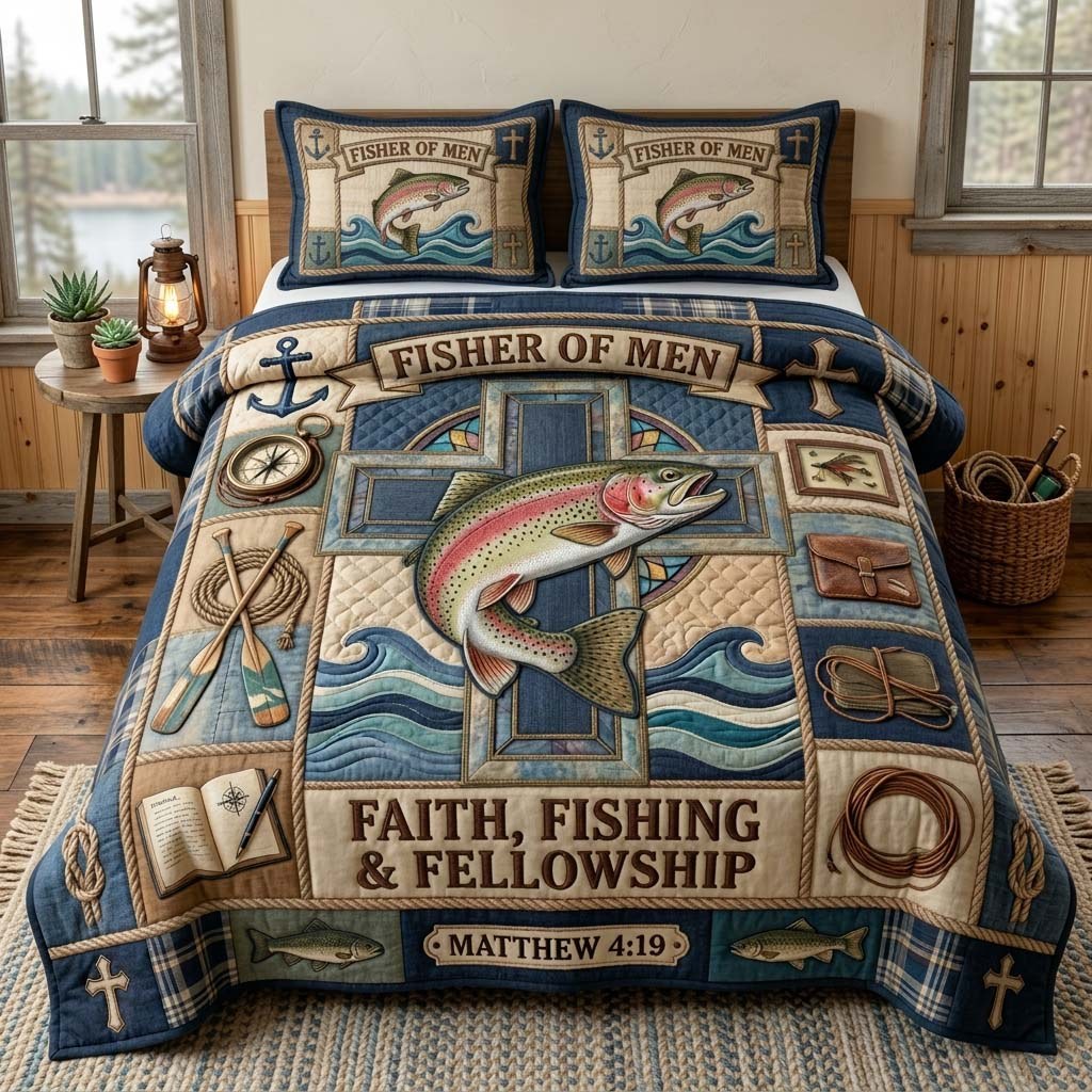 Fishing Grace 3-Piece Quilted Bedding Set — quilt and two matching pillow shams