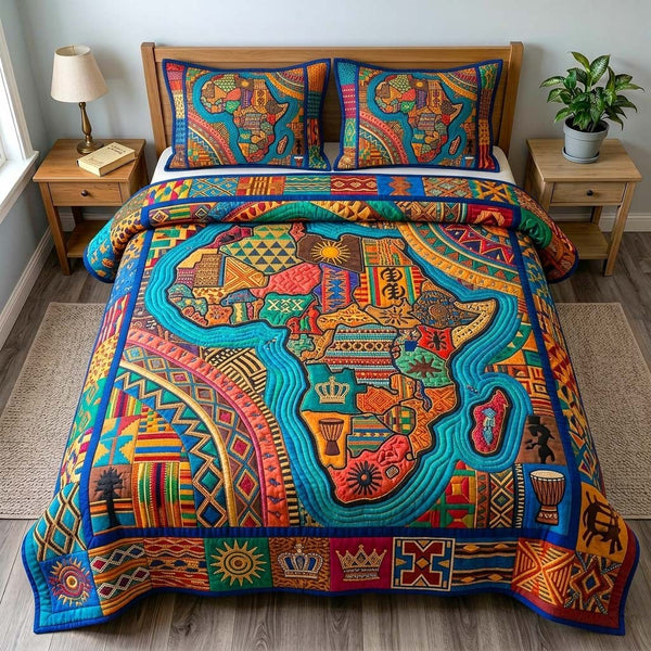 African Mosaic Map quilted 3-piece bedding set on a made bed with two matching pillow shams