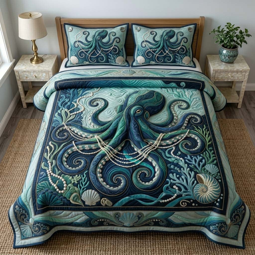 Aqua Reef Octopus 3-Piece Quilted Bedding Set — quilt and two matching pillow shams