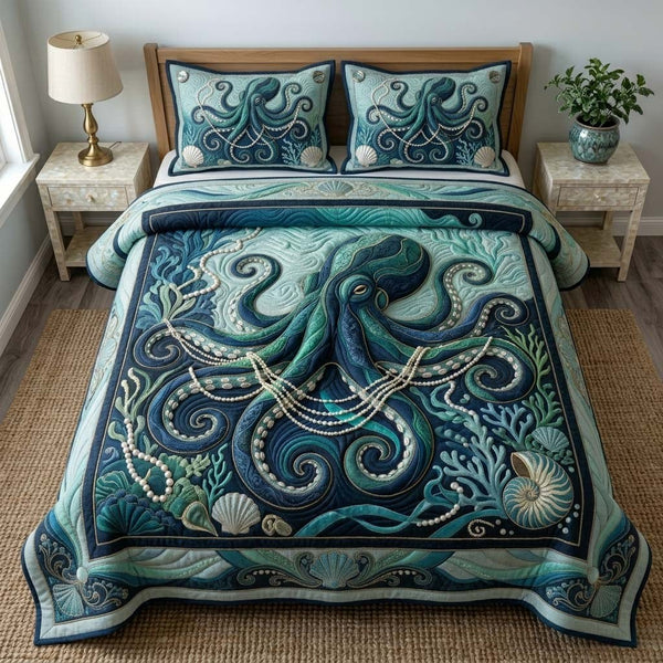 Aqua Reef Octopus quilted 3-piece bedding set on a made bed in a light coastal bedroom