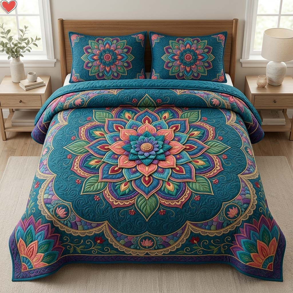 Bohemian Lotus Bloom 3-Piece Quilted Bedding Set — quilt and two matching pillow shams