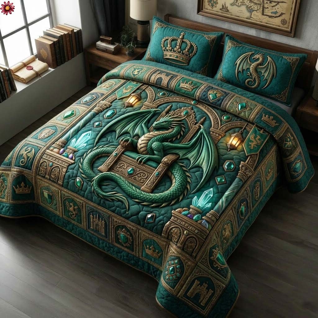 Emerald Throne 3-Piece Quilted Bedding Set — quilt and two matching pillow shams