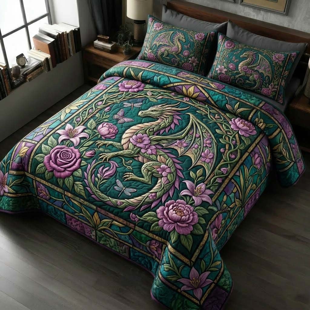 Floral Dragon 3-Piece Quilted Bedding Set - Design 1 — quilt and two matching pillow shams