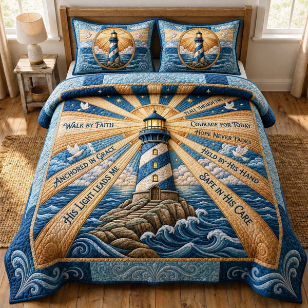 Anchored Hope quilted 3-piece bedding set on a made bed in a light coastal bedroom