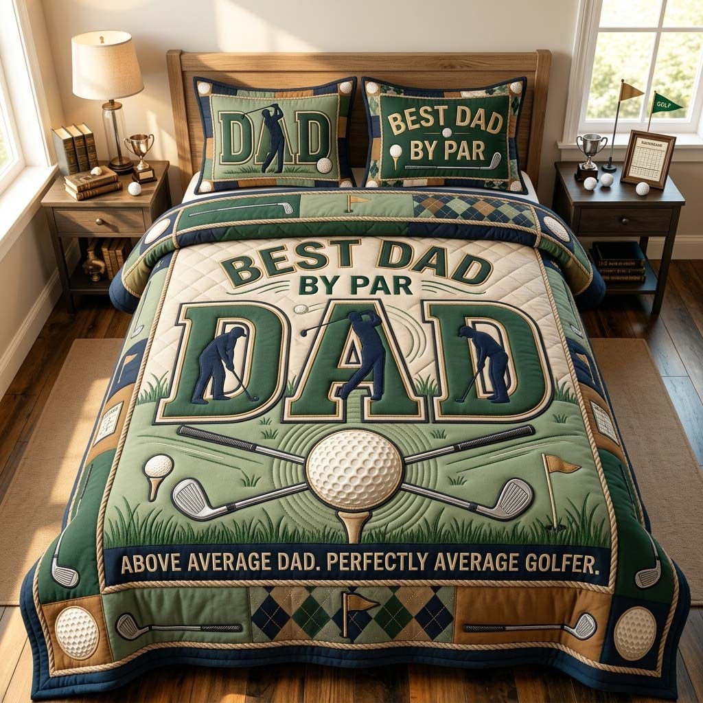 Best Dad By Par Green 3-Piece Quilted Bedding Set — quilt and two matching pillow shams