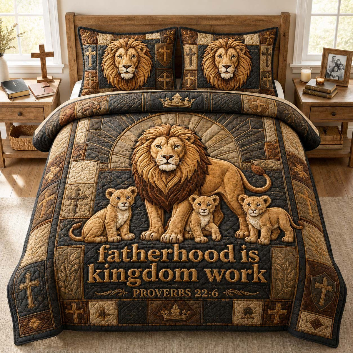 Fatherhood Lion Family 3-Piece Quilted Bedding Set — quilt and two matching pillow shams