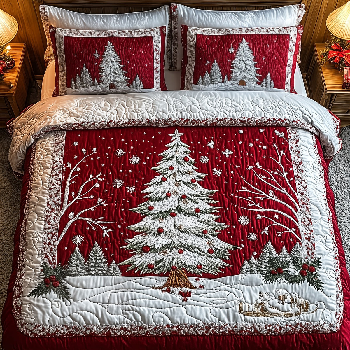 Christmas Tree 3-Piece Quilted Bedding Set - Design 3 — quilt and two matching pillow shams