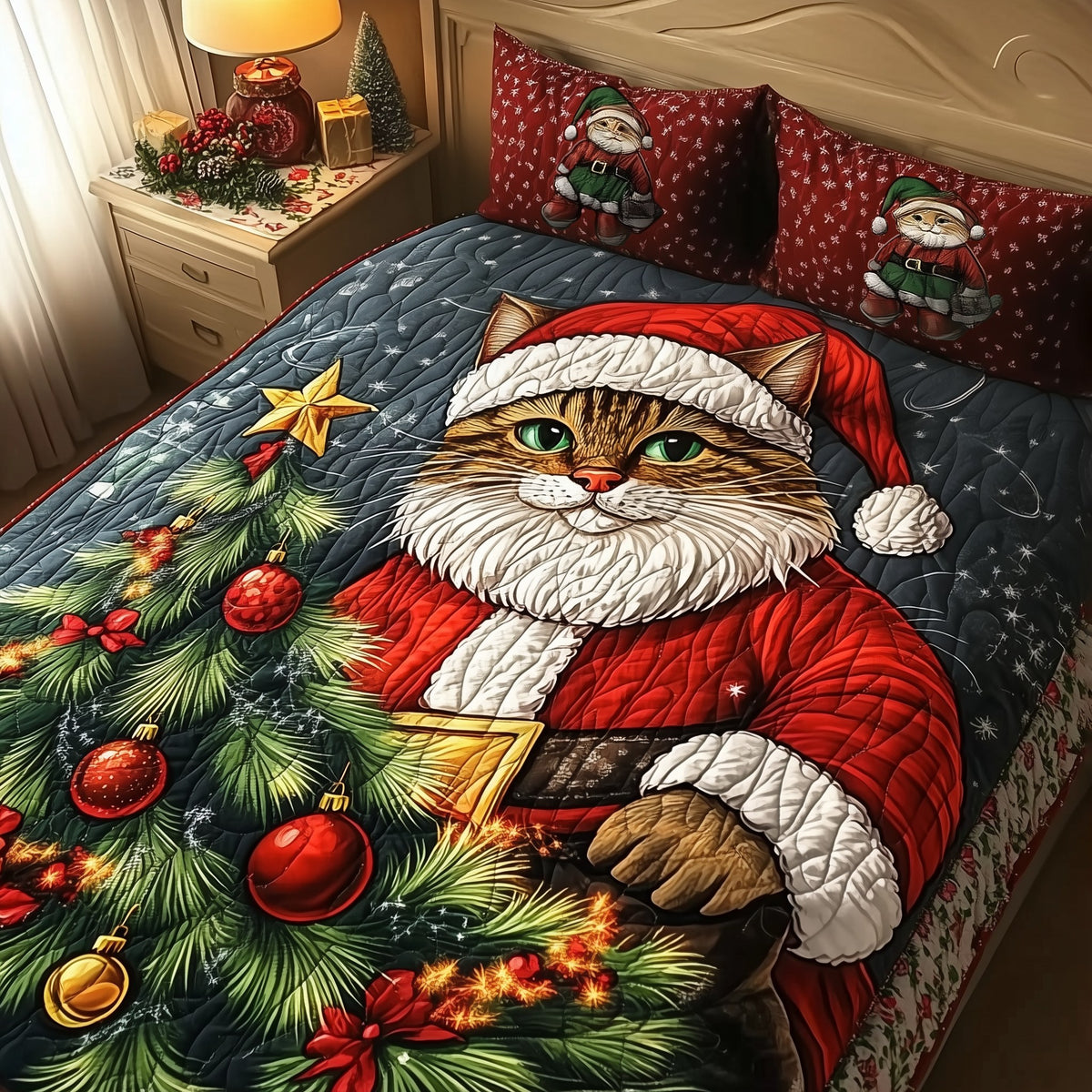 Christmas Cat 3-Piece Quilted Bedding Set - Design 2 — quilt and two matching pillow shams