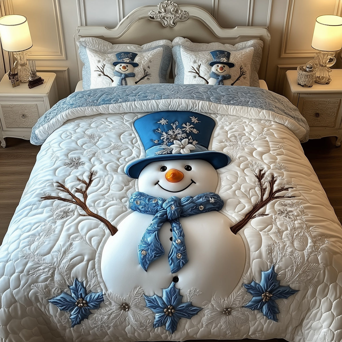 Elegant Winter Snowman 3-Piece Quilted Bedding Set - Design 2 — quilt and two matching pillow shams