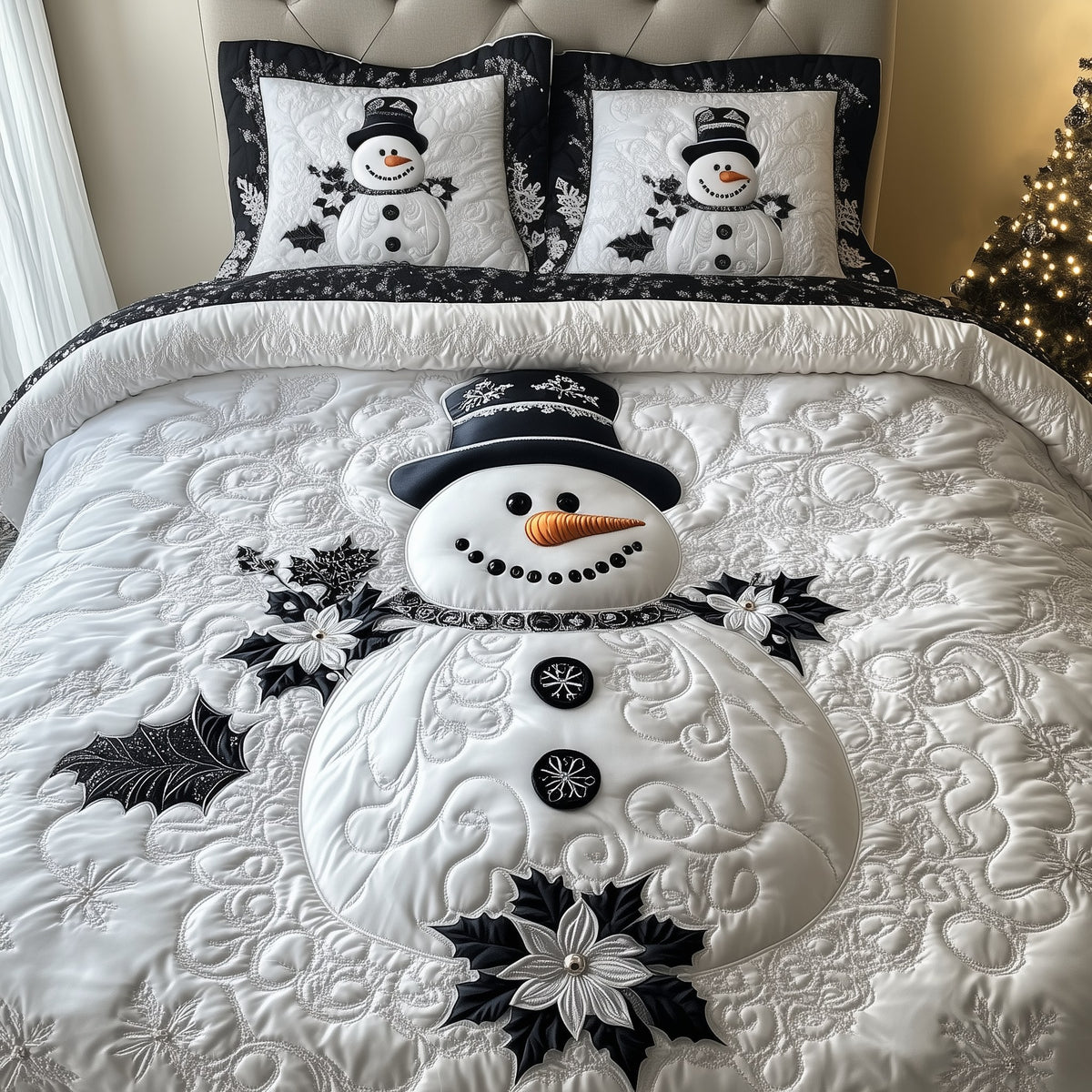 Elegant Winter Snowman 3-Piece Quilted Bedding Set - Design 5 — quilt and two matching pillow shams