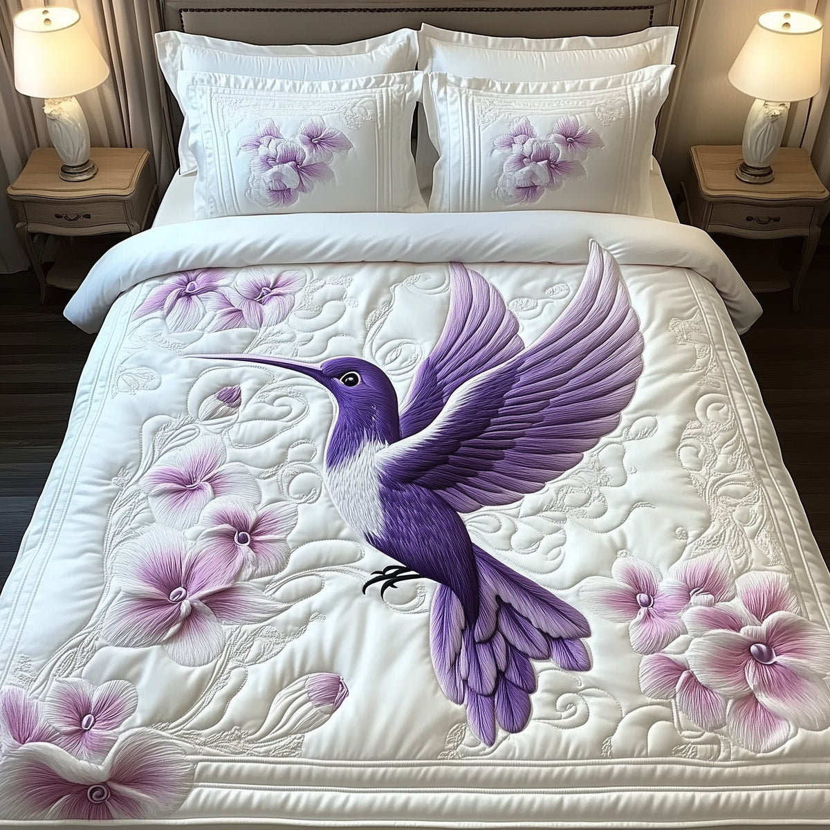Charming Hummingbird 3-Piece Quilted Bedding Set - Design 3 — quilt and two matching pillow shams