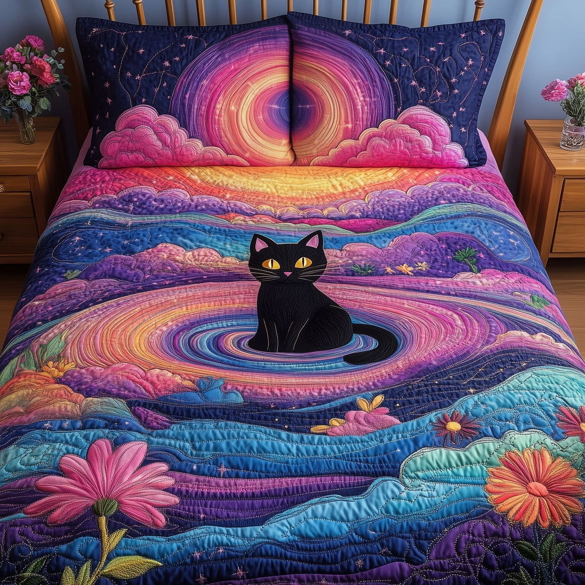 Feline Nebula 3-Piece Quilted Bedding Set — quilt and two matching pillow shams