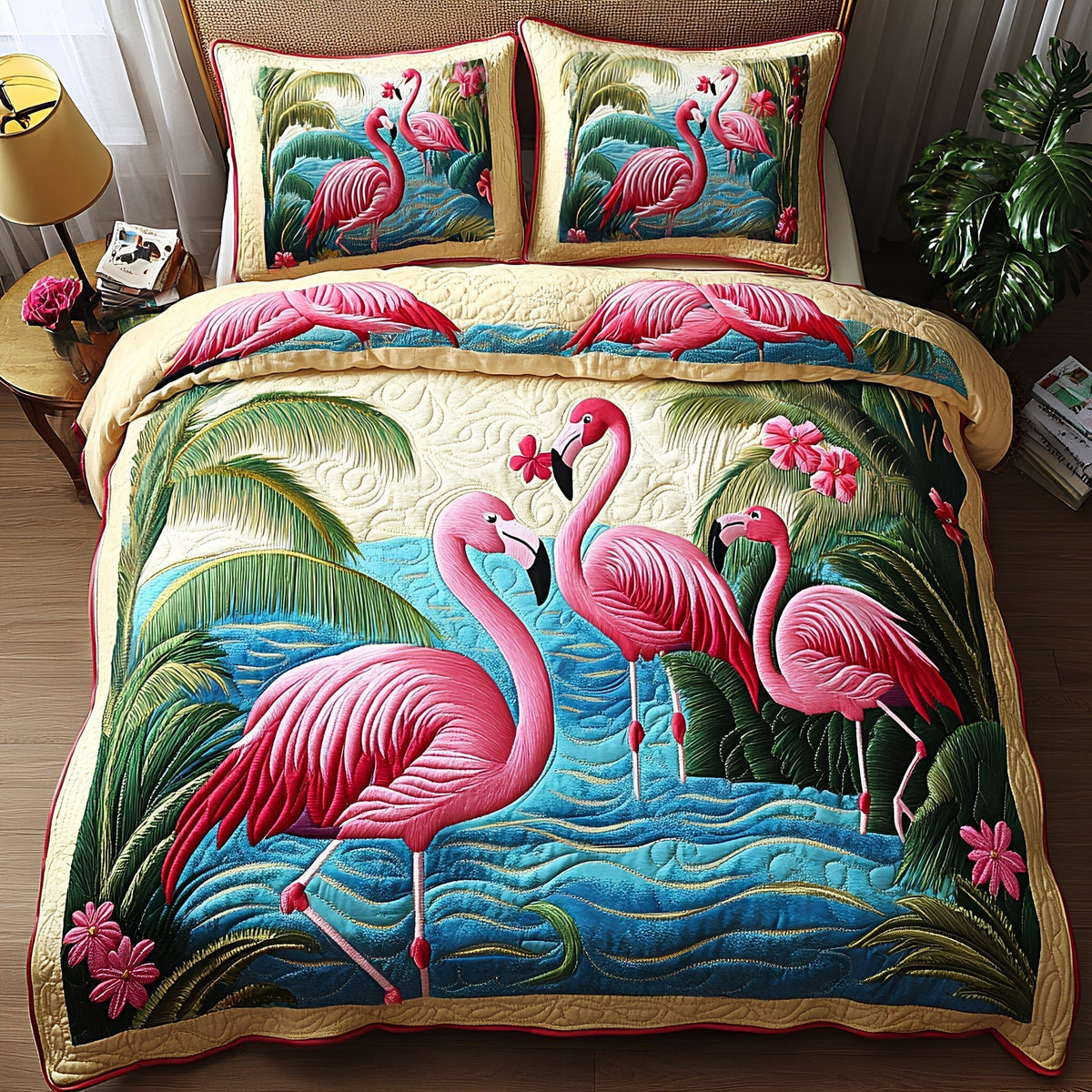 Flamingo 3-Piece Quilted Bedding Set - Design 1 — quilt and two matching pillow shams