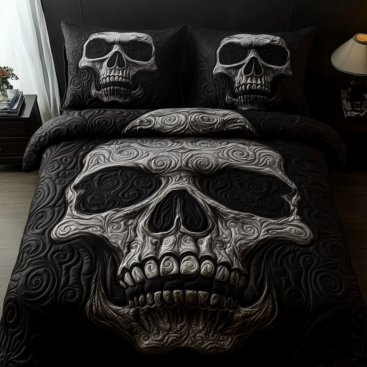 Black Skull 3-Piece Quilted Bedding Set - Design 2 — quilt and two matching pillow shams