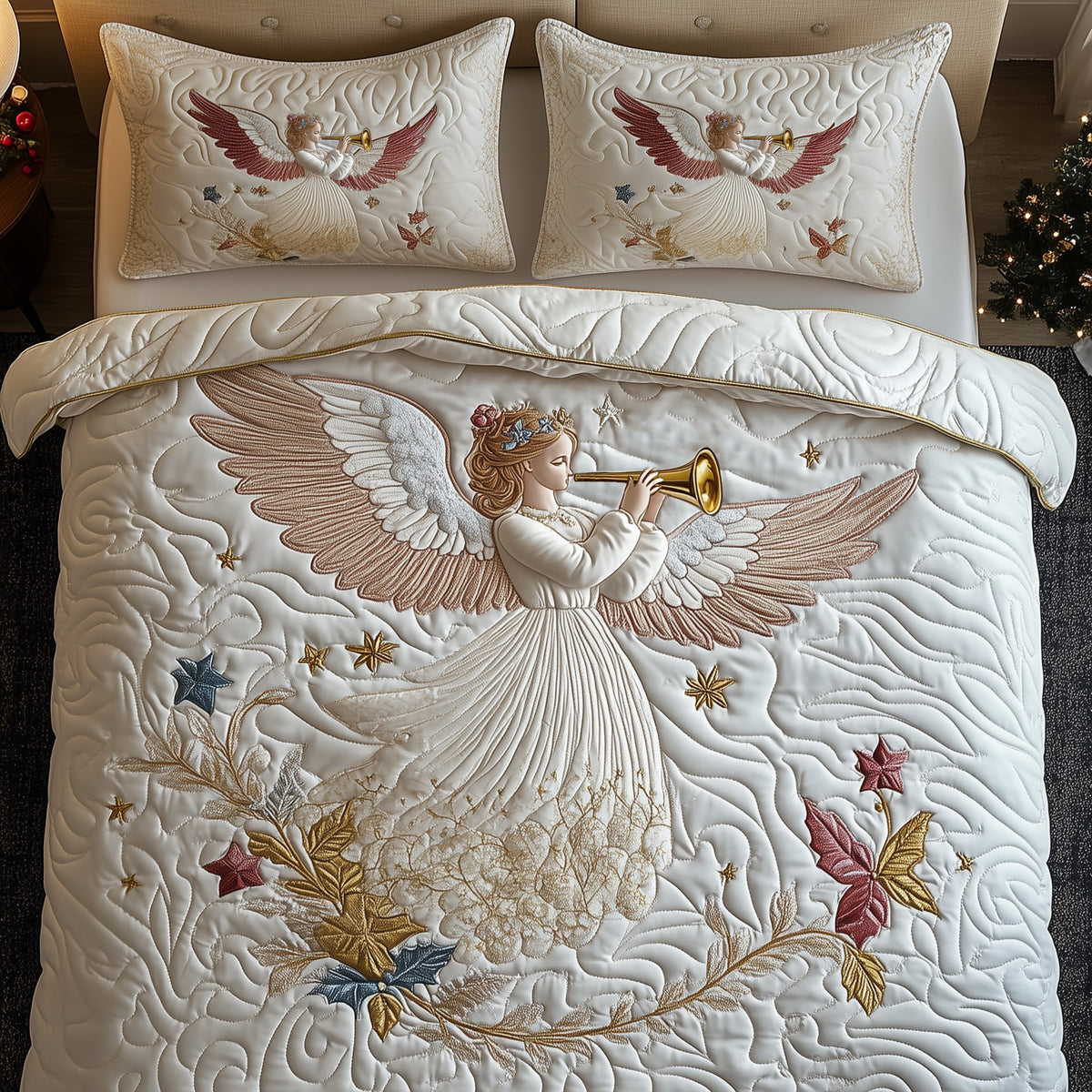 Christmas Angel 3-Piece Quilted Bedding Set - Design 1 — quilt and two matching pillow shams