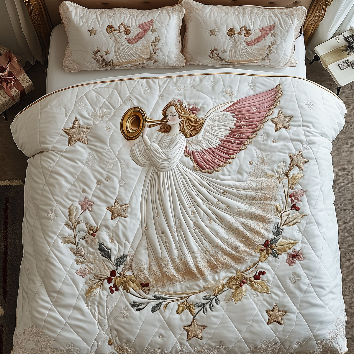 Christmas Angel 3-Piece Quilted Bedding Set - Design 2 — quilt and two matching pillow shams