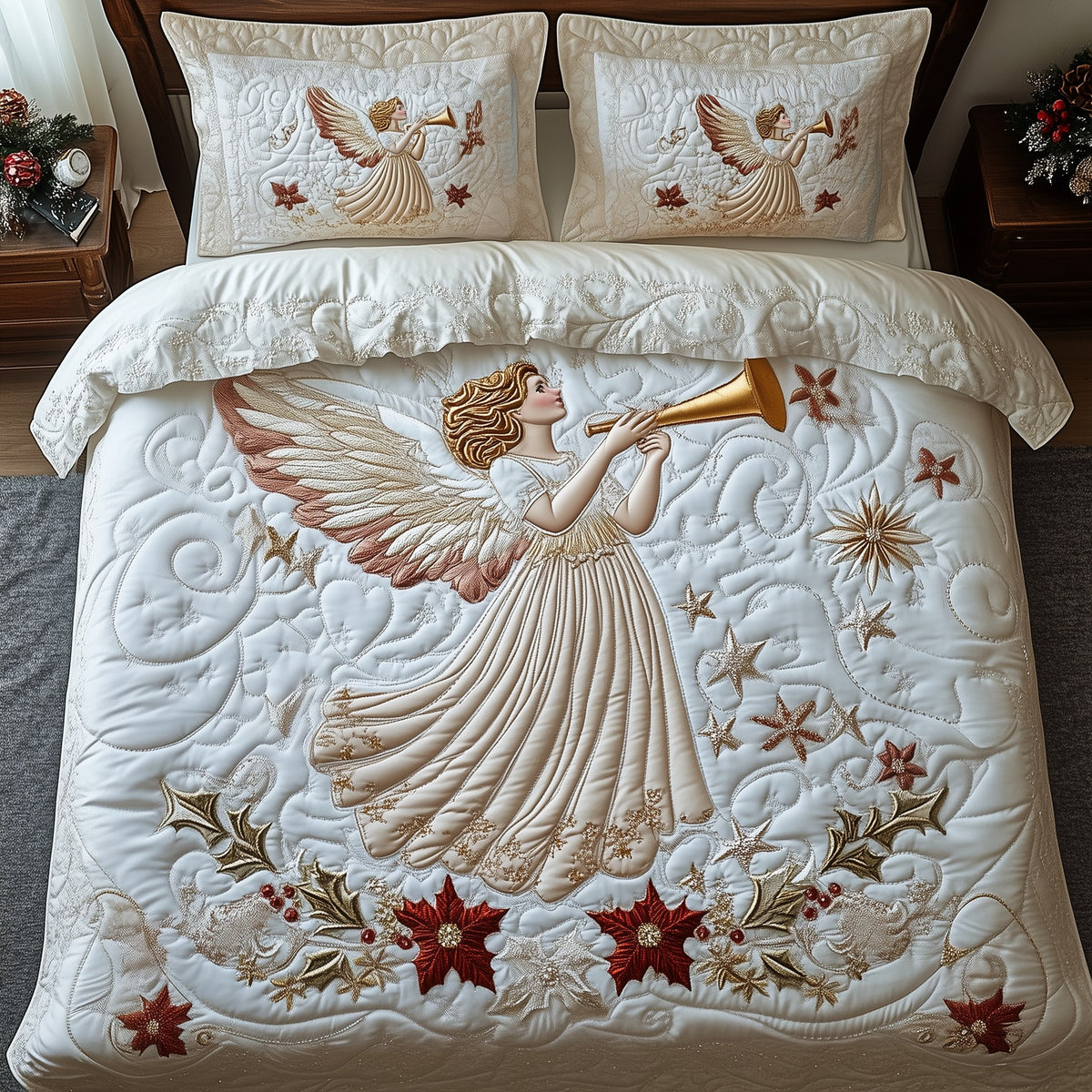 Christmas Angel 3-Piece Quilted Bedding Set - Design 3 — quilt and two matching pillow shams