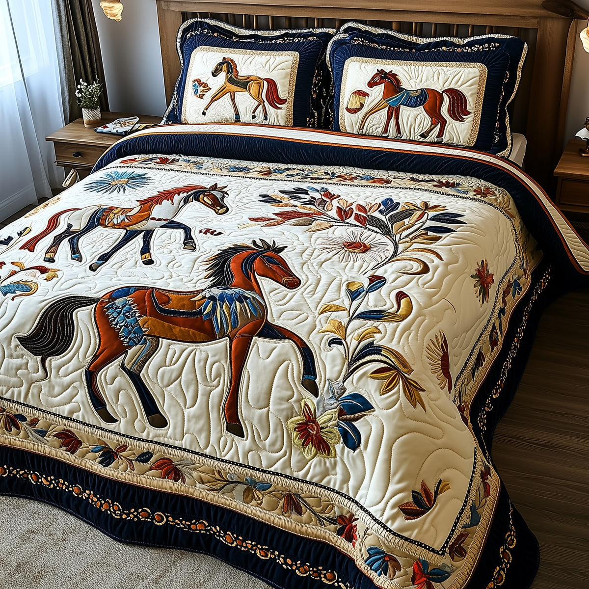 Elegant Horse 3-Piece Quilted Bedding Set - Design 2 — quilt and two matching pillow shams