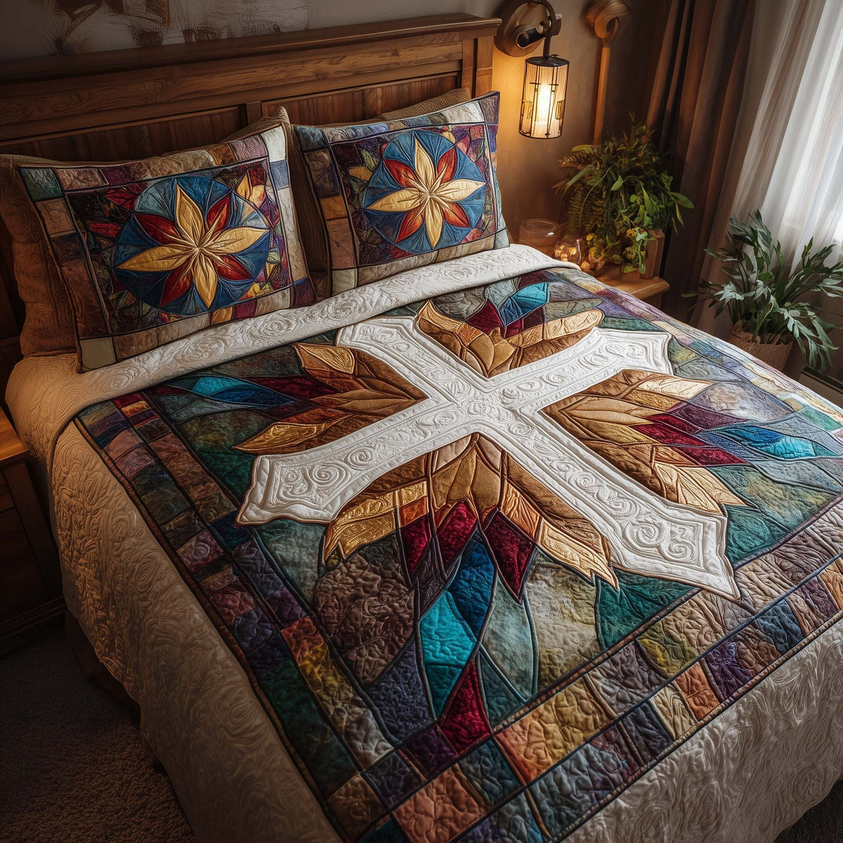 Cross 3-Piece Quilted Bedding Set - Design 9 — quilt and two matching pillow shams