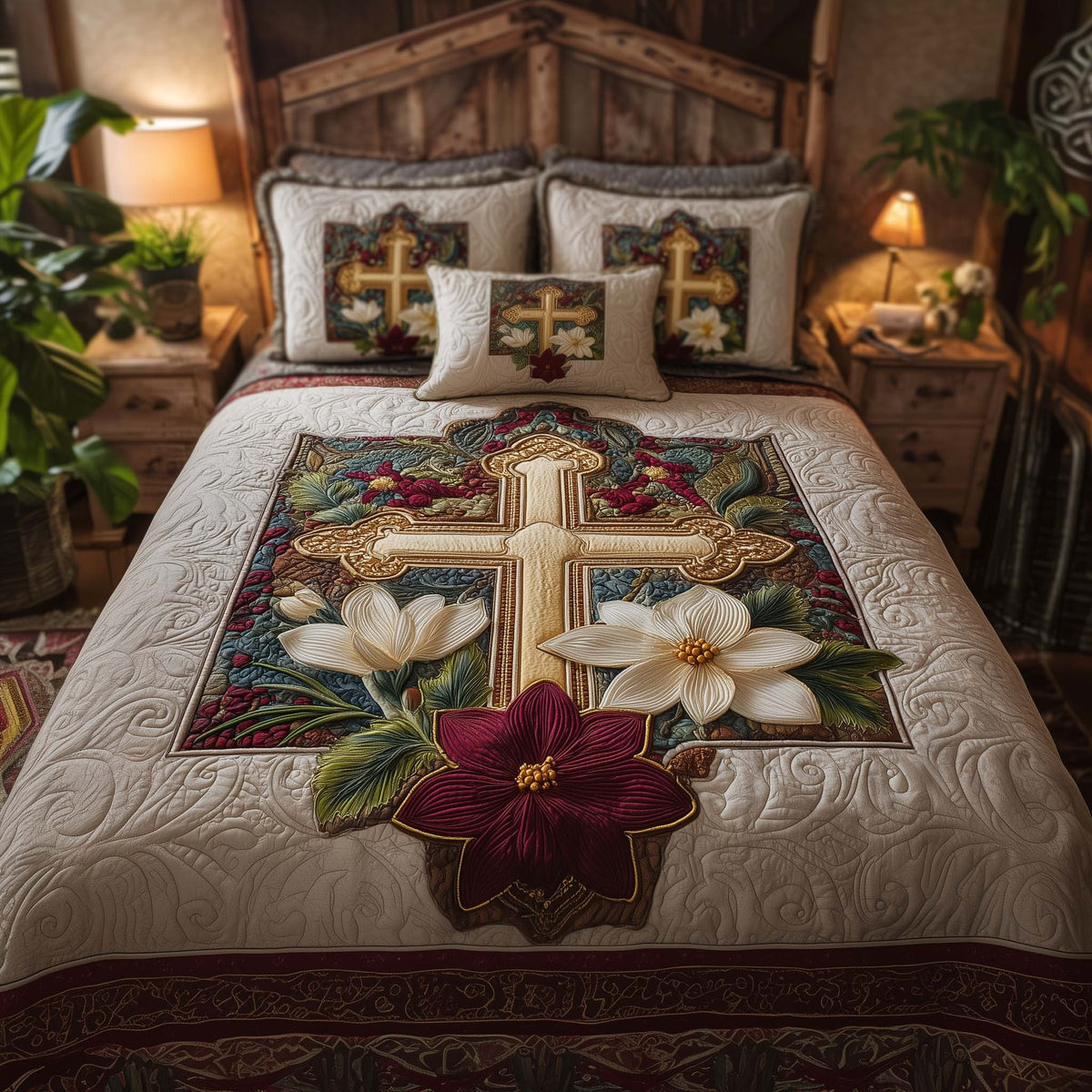 Cross 3-Piece Quilted Bedding Set - Design 12 — quilt and two matching pillow shams