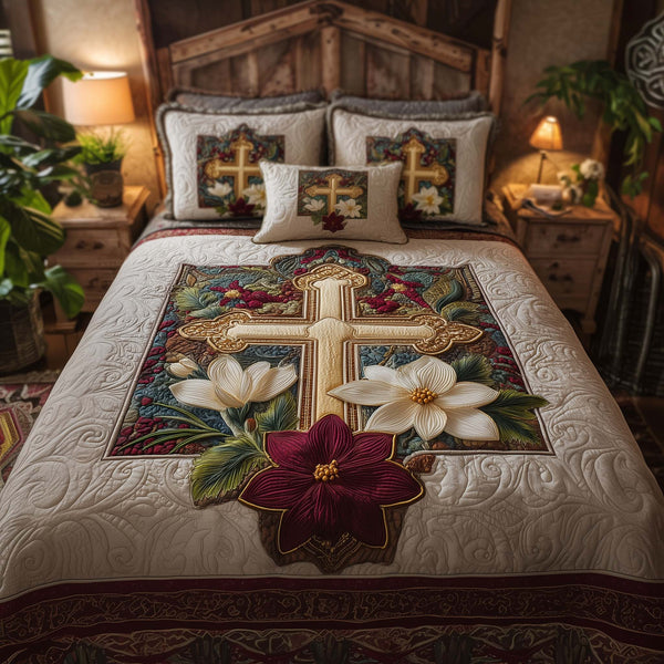 Cross quilted 3-piece bedding set on a made bed in a softly lit bedroom