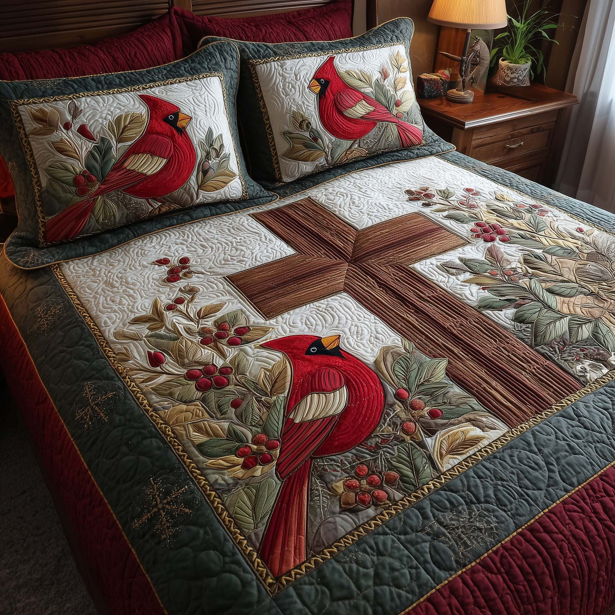 Cross 3-Piece Quilted Bedding Set - Design 15 — quilt and two matching pillow shams