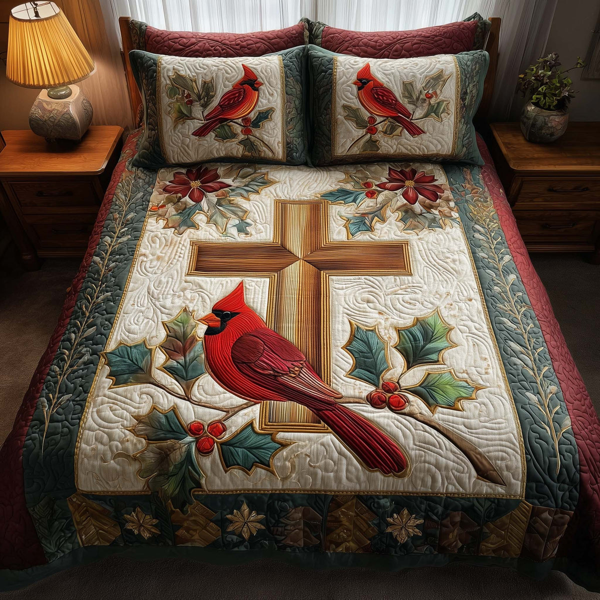 Cross 3-Piece Quilted Bedding Set - Design 16 — quilt and two matching pillow shams