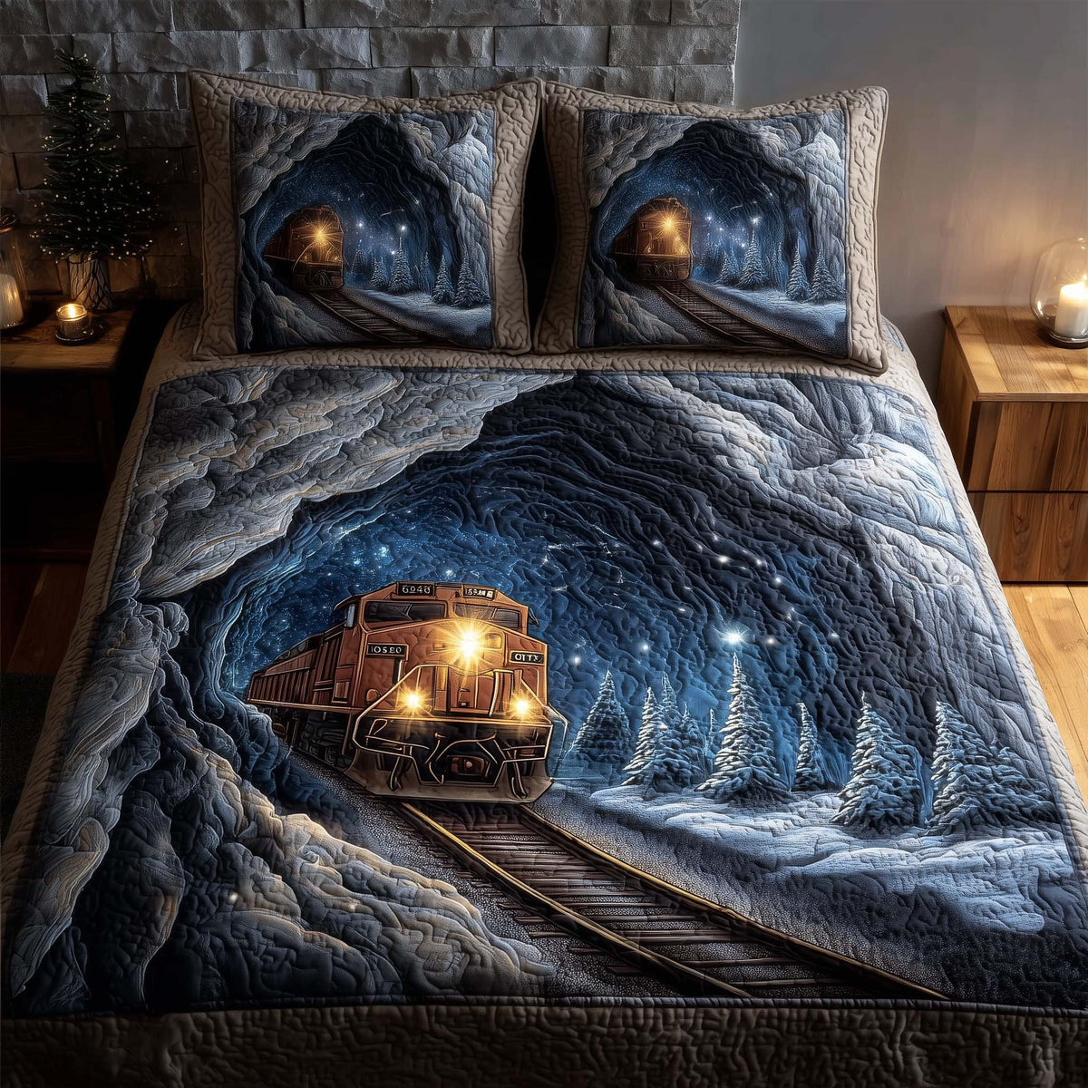 Train Journey 3-Piece Quilted Bedding Set - Design 8 — quilt and two matching pillow shams