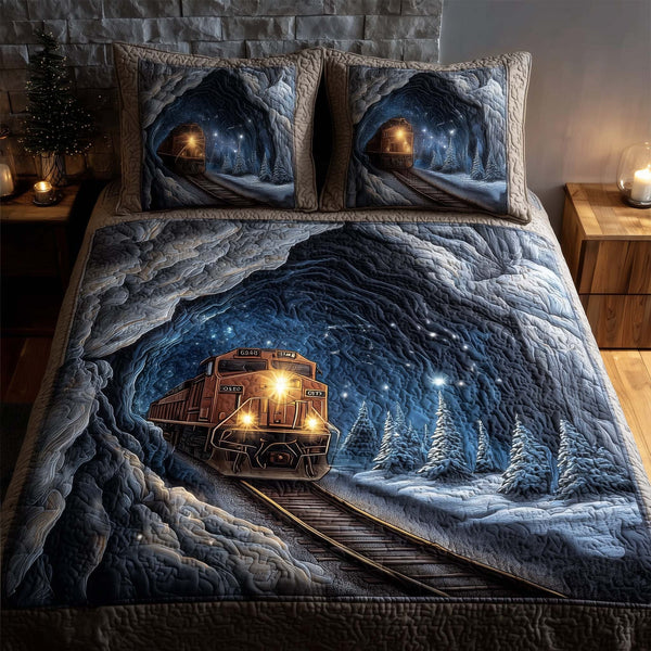Train Journey quilted 3-piece bedding set on a made bed with two matching pillow shams