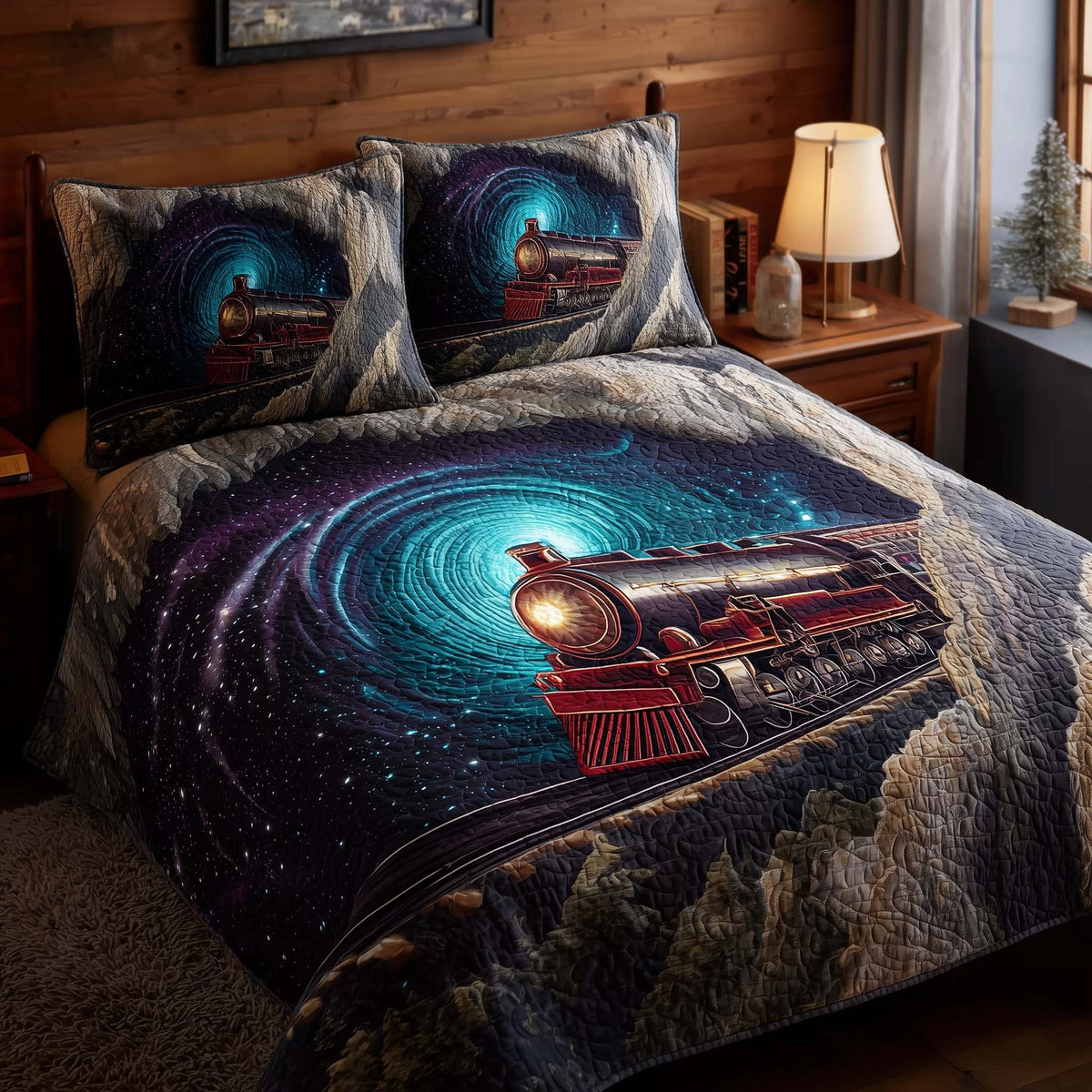 Train Journey 3-Piece Quilted Bedding Set - Design 10 — quilt and two matching pillow shams