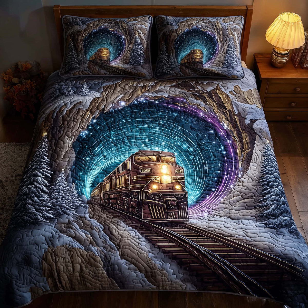 Train Journey 3-Piece Quilted Bedding Set - Design 11 — quilt and two matching pillow shams
