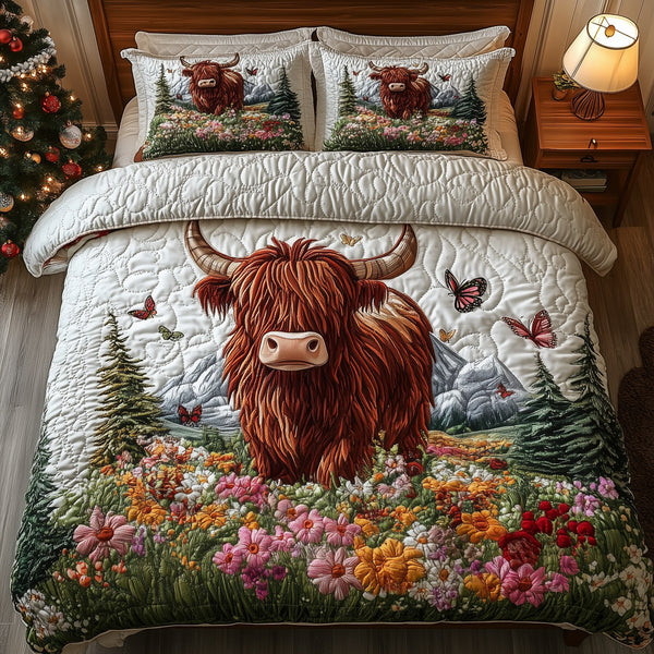 Adorable Highland Cow quilted 3-piece bedding set on a made bed with two matching pillow shams