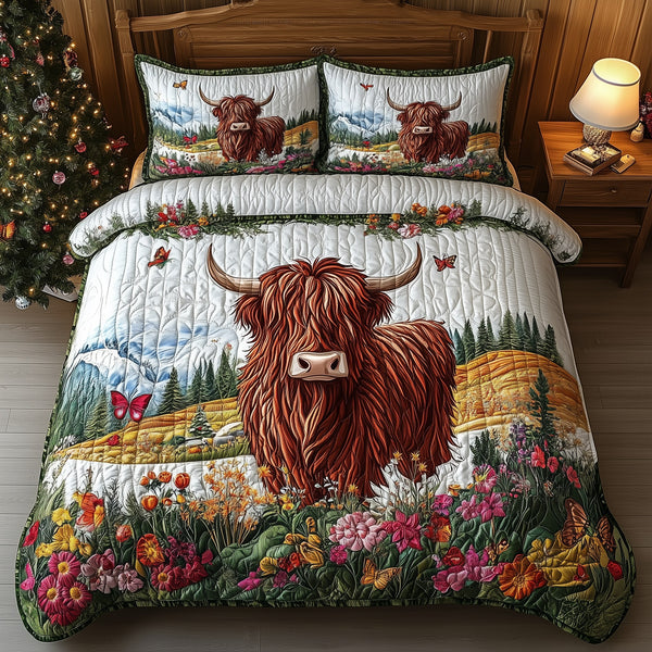 Adorable Highland Cow quilted 3-piece bedding set on a made bed with two matching pillow shams