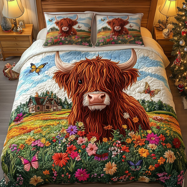 Adorable Highland Cow quilted 3-piece bedding set on a made bed with two matching pillow shams