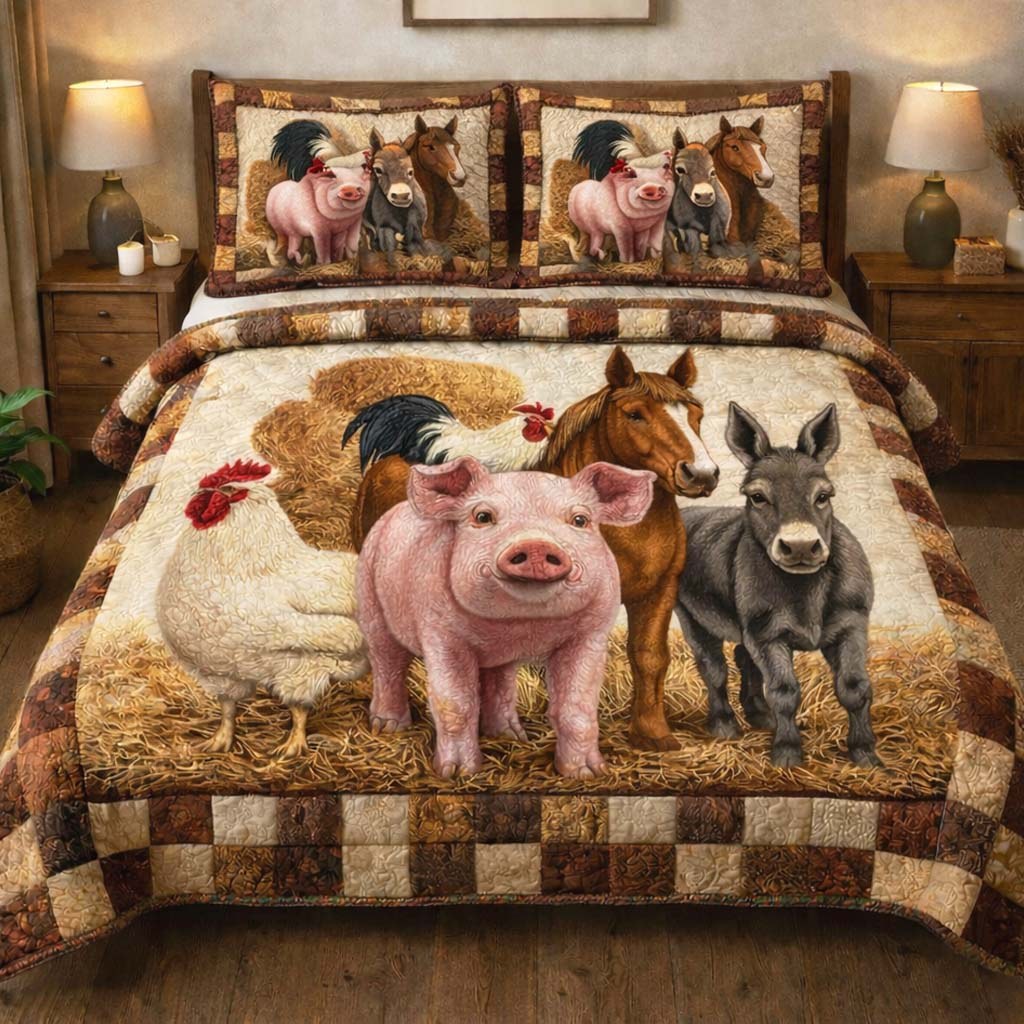 Cozy Farm Friends 3-Piece Quilted Bedding Set — quilt and two matching pillow shams