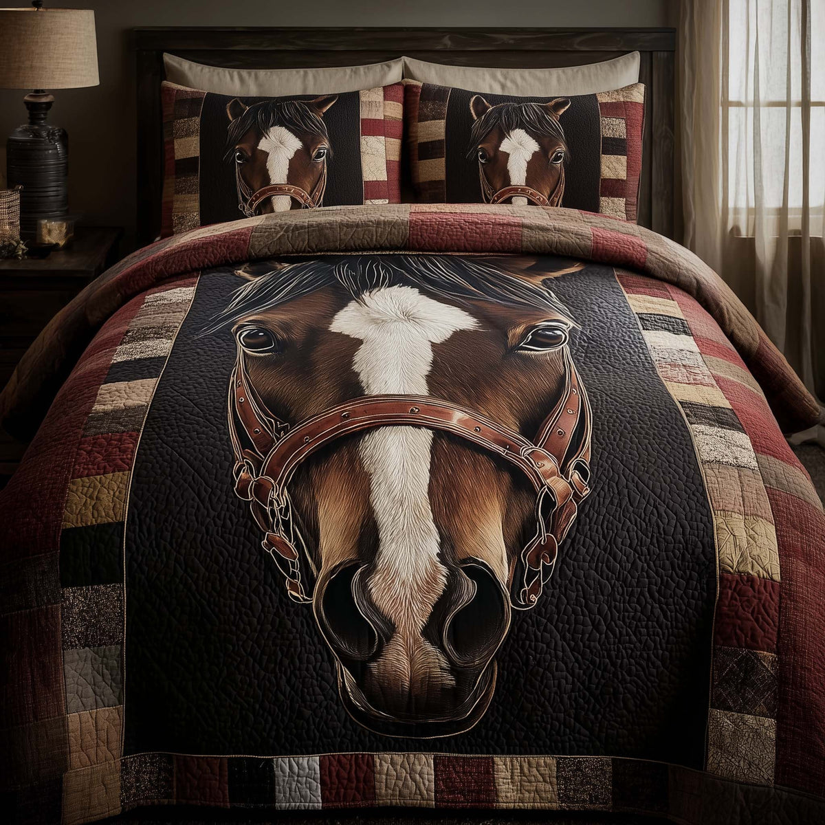 Classic Western Horse 3-Piece Quilted Bedding Set — quilt and two matching pillow shams