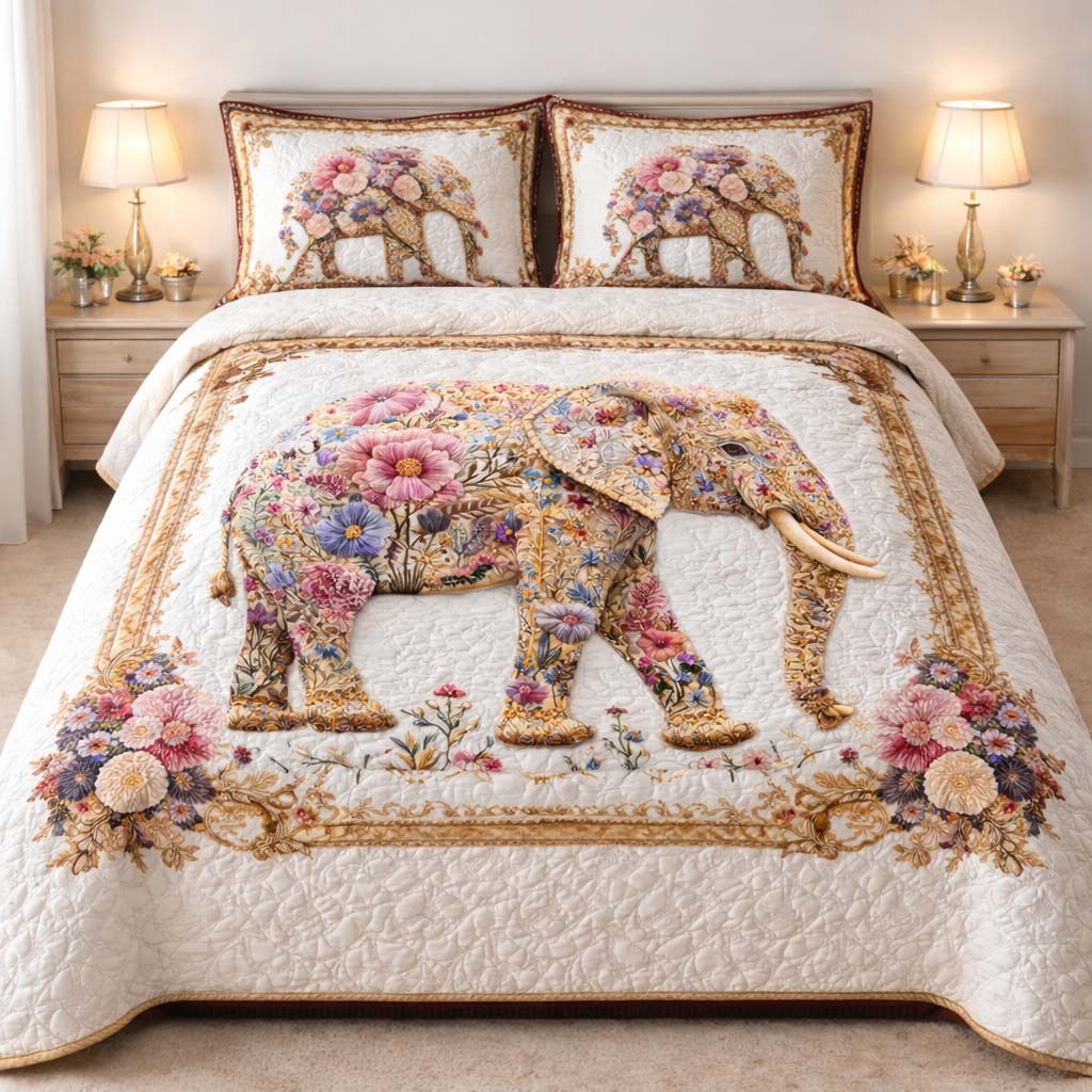 Floral Elephant quilted 3-piece bedding set on a made bed with two matching pillow shams