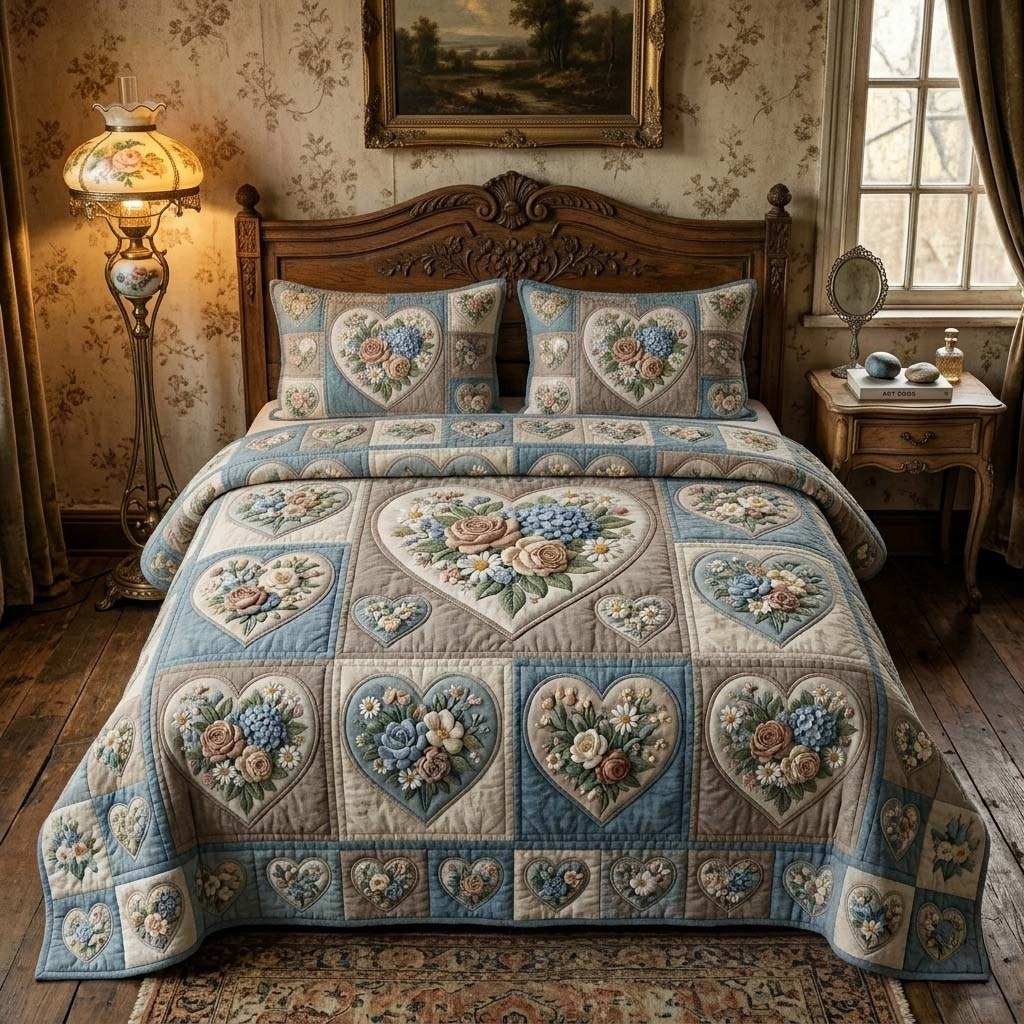 Blue Blossom Garden 3-Piece Quilted Bedding Set — quilt and two matching pillow shams