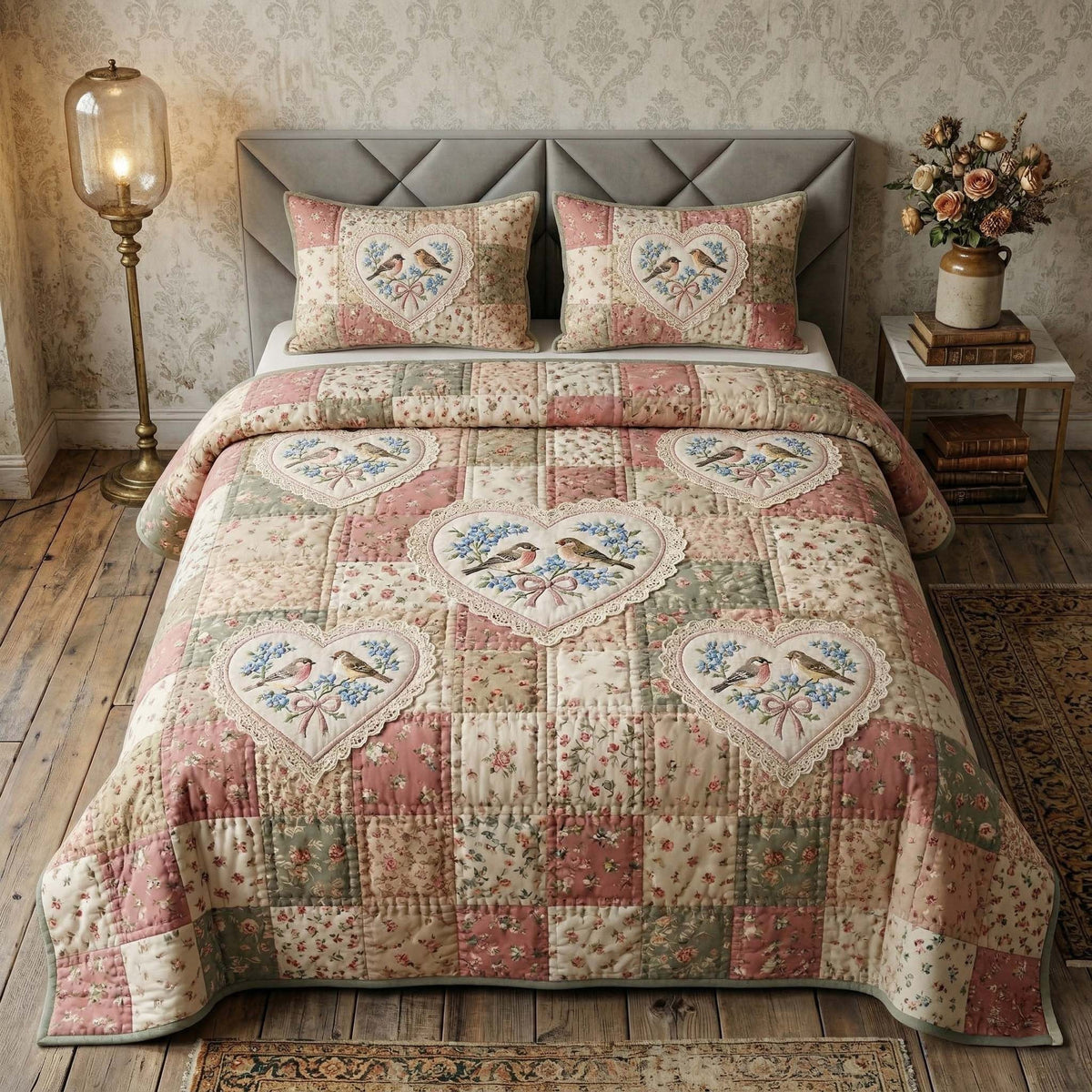 Birdsong Garden Quilt 3-Piece Quilted Bedding Set — quilt and two matching pillow shams