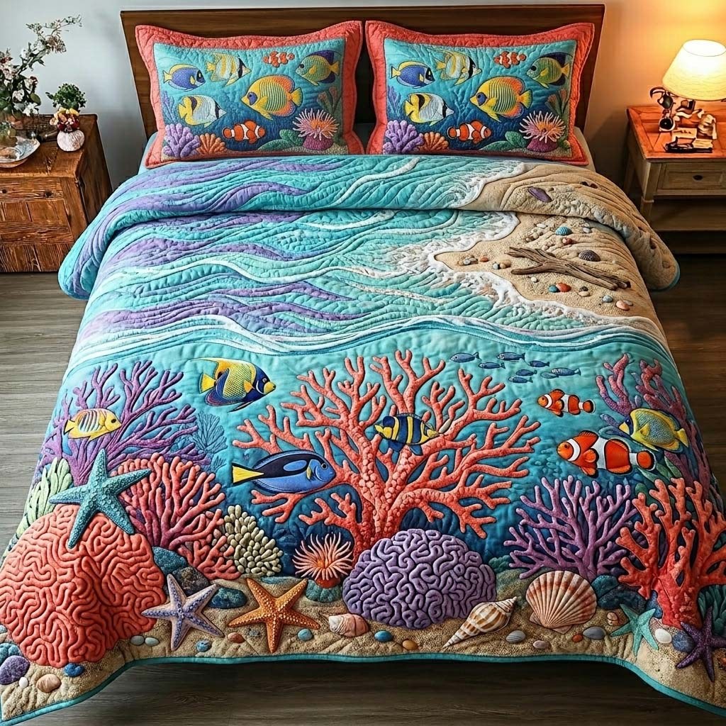 Coral Reef Bliss 3-Piece Quilted Bedding Set - Design 1 — quilt and two matching pillow shams