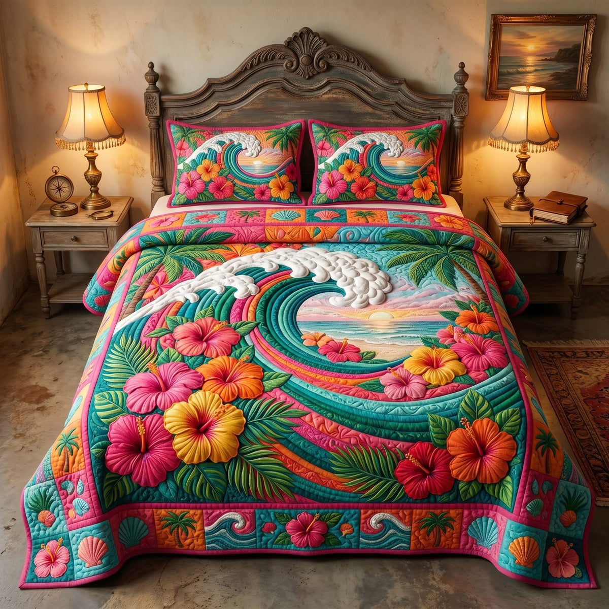 Flamingo Lagoon Charm 3-Piece Quilted Bedding Set — quilt and two matching pillow shams