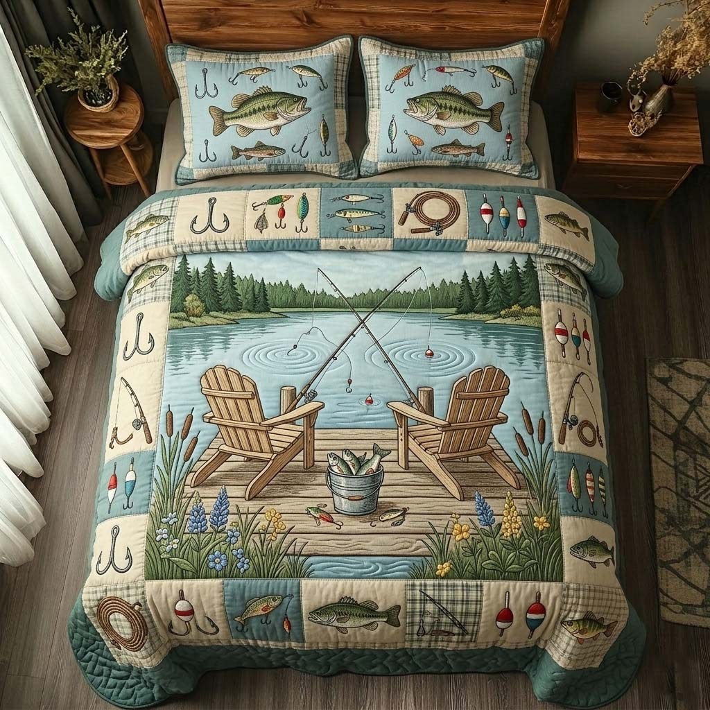 Dockside Fishing Day 3-Piece Quilted Bedding Set — quilt and two matching pillow shams