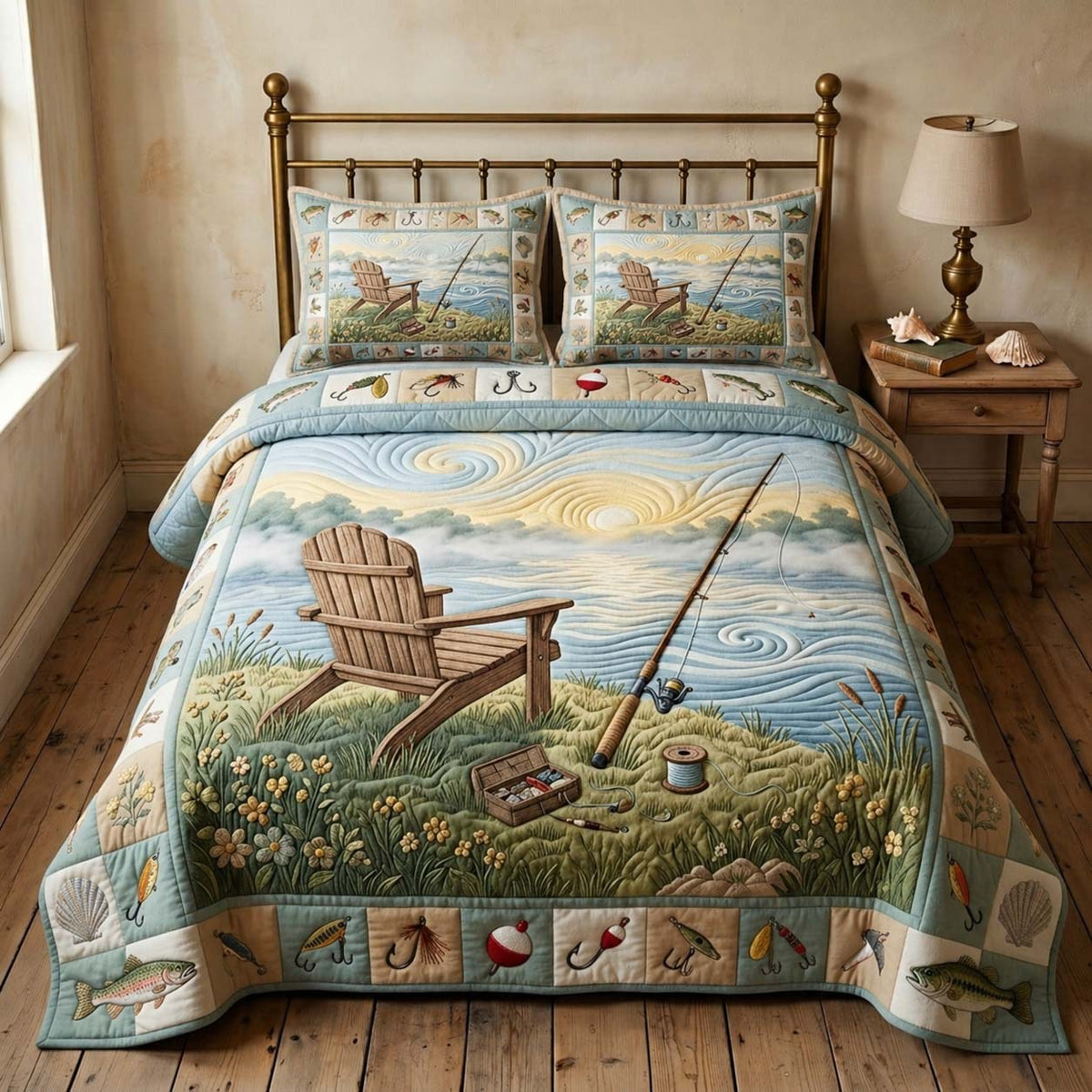 Coastal Fishing Calm 3-Piece Quilted Bedding Set — quilt and two matching pillow shams
