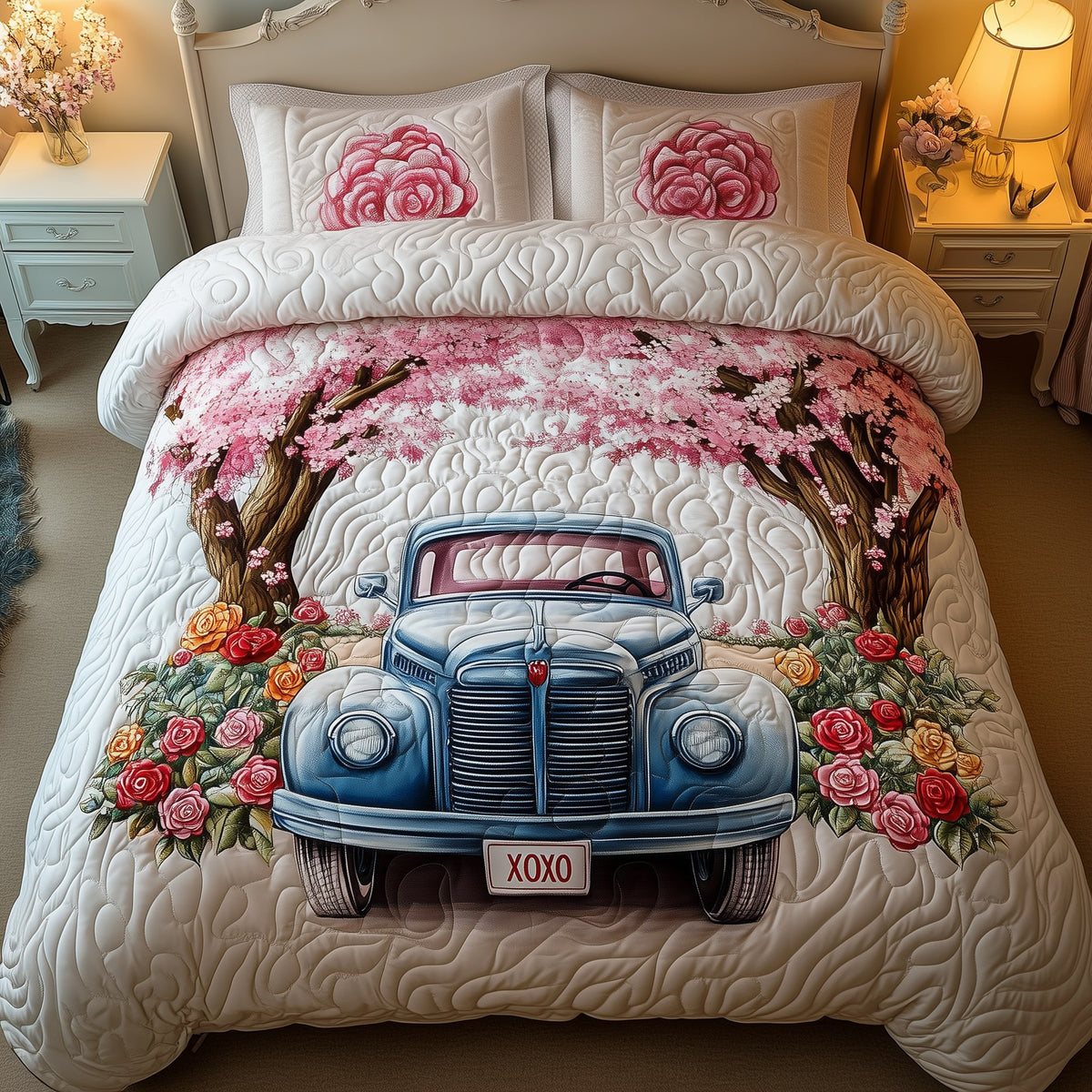 Cherry Blossom Truck 3-Piece Quilted Bedding Set — quilt and two matching pillow shams