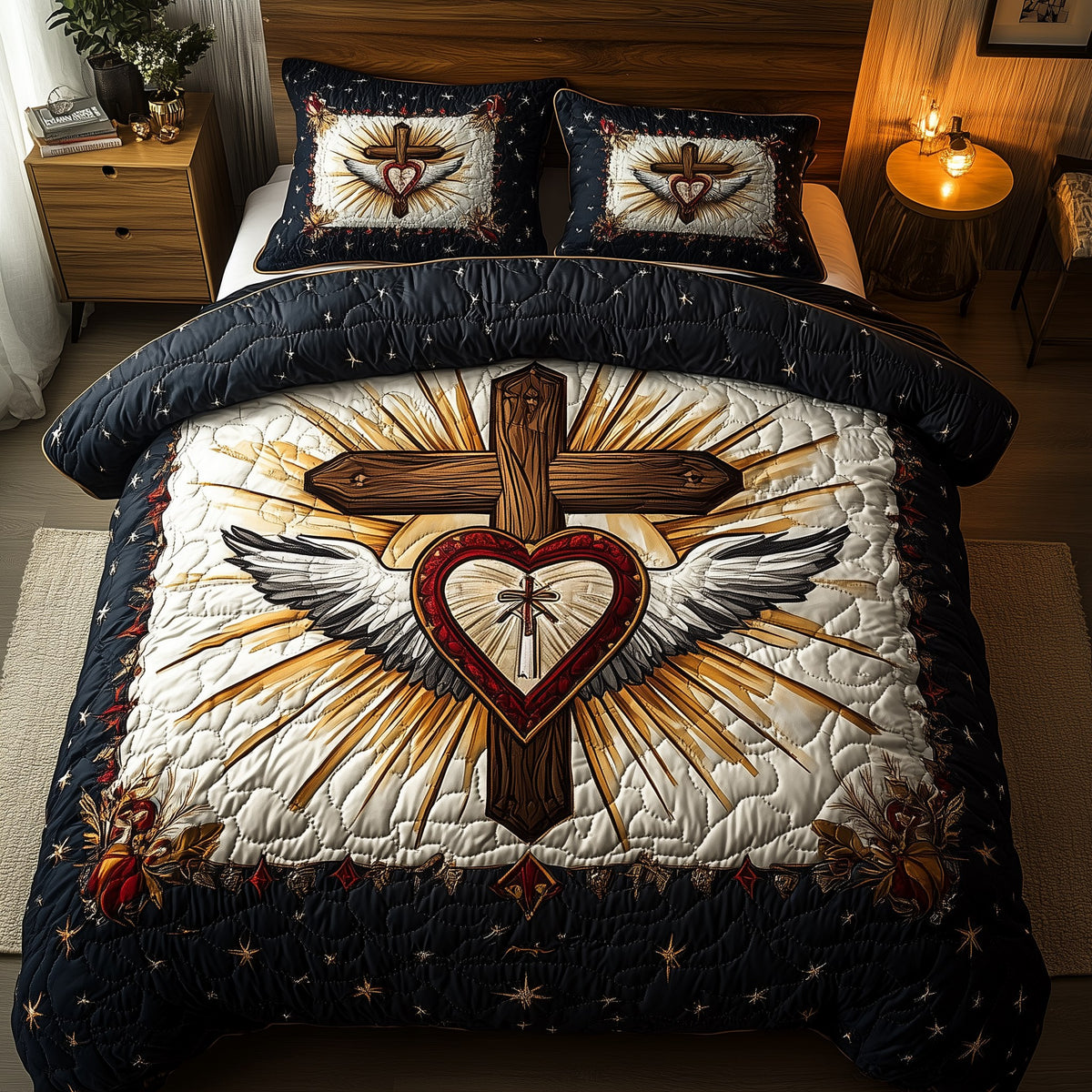 Cross of Life 3-Piece Quilted Bedding Set — quilt and two matching pillow shams