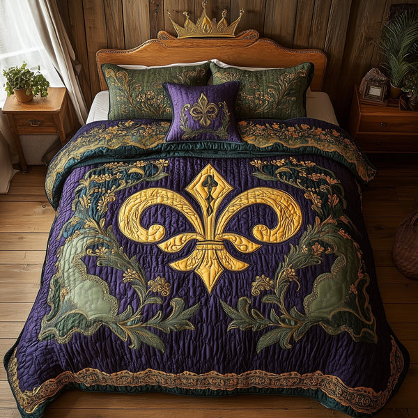 Fleur de lis quilted 3-piece bedding set on a made bed with two matching pillow shams